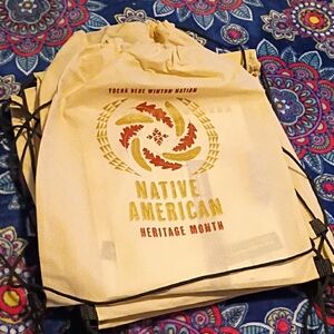 Native American Heritage Month Drawstring Backpack - Cream with Red & Gold Print